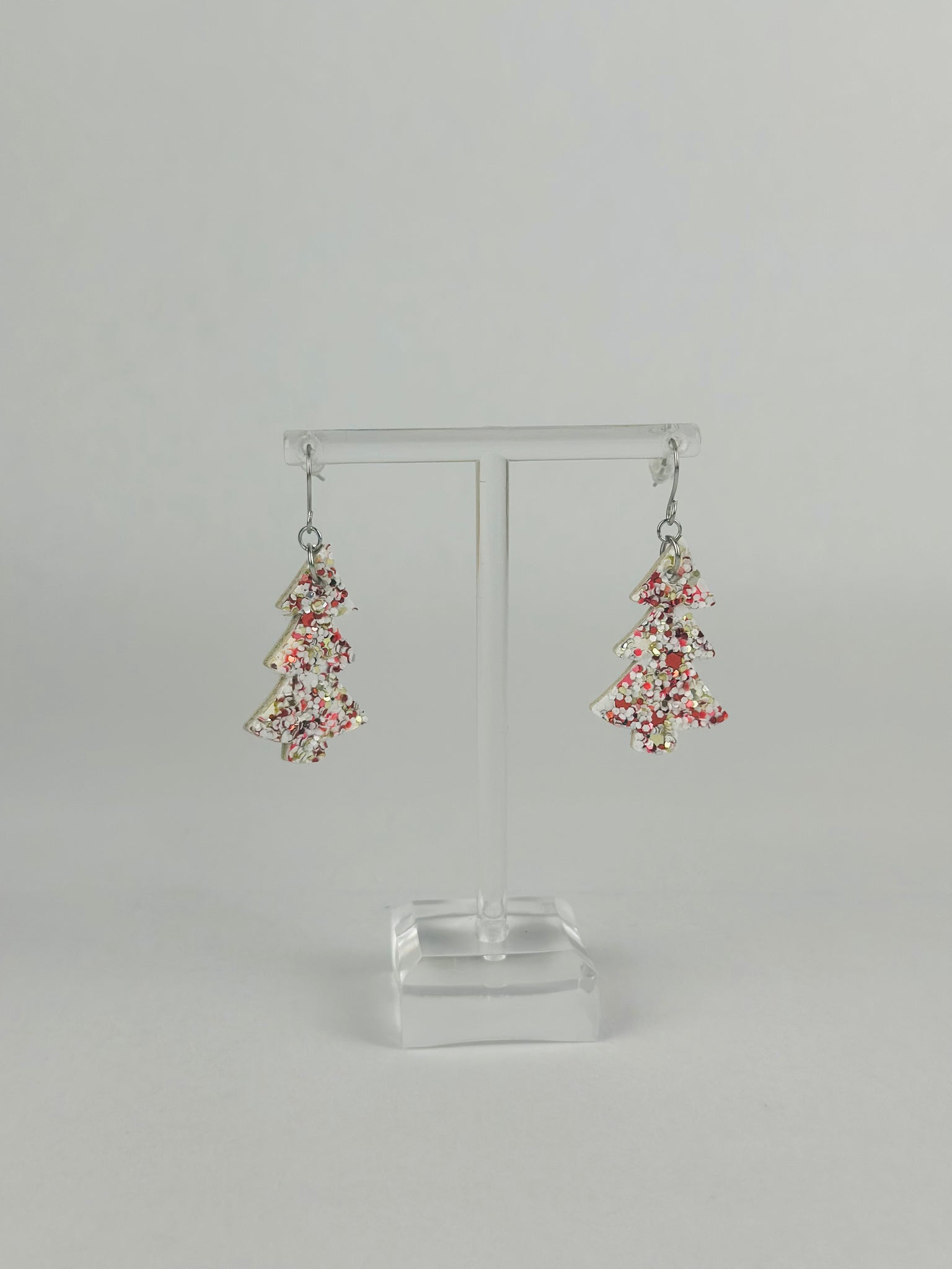 Red & White Sparkly Christmas Tree Earrings